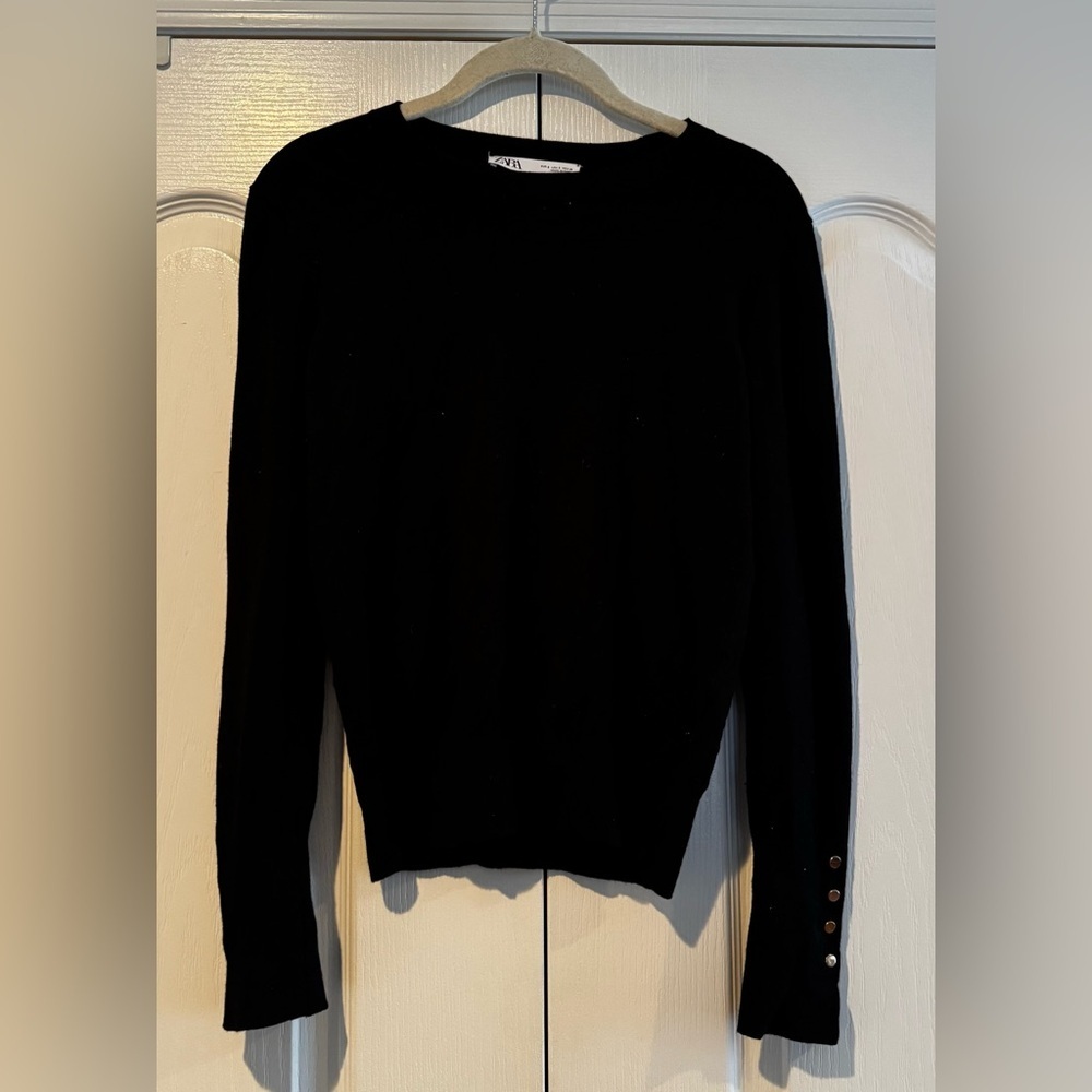 Zara Black Crew Neck Sweater with Gold Stud Detail on Sweater - Size S